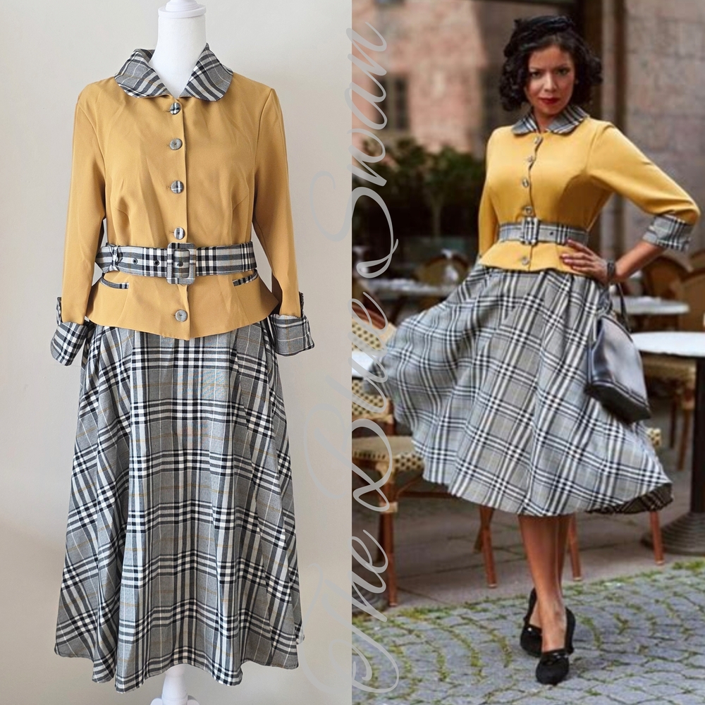 NWT Miss Candyfloss Ilma Mustard Tartan Plaid Belted Dress XL
